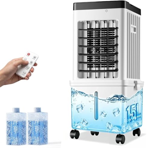 Portable Air Cooler 15L Evaporative Cooling Fan with Remote & 2 Ice Packs 3-in-1 Hoseless Room Cooler with 3 Speeds 7.5H Timer & 120 Oscillation For Office Bedroom