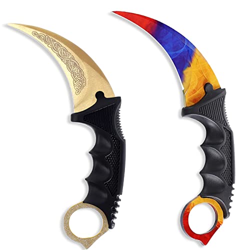 Image of Karambit Knife Fixed Blade Tactical Camping Tool, 2 Pieces Stainless Steel Outdoor Hunting Knife with Sheath and Cord, Suitable for Hiking, Adventure, Survival and Collection (Gold&Gradient Color)