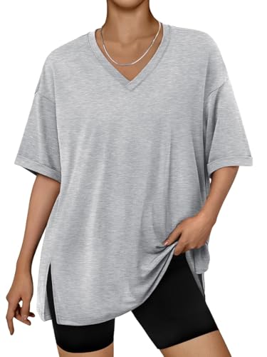 Image of LILLUSORY Womens Oversized V Neck T Shirts Tops UK Summer Plus Size Clothes Tshirts Gym Ladies Mature Fashion Tee Capsule Wardrobe Clothing Grey S