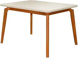 Mesa Jantar Luxo Jade Retangular 120x90cm Tampo Chanfrado Off White Base Madeira Maciça Mel
