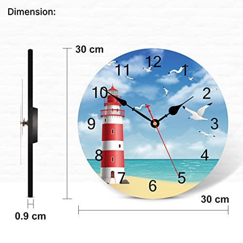 Image of TAHEAT 12 Inch Nautical Lighthouse Wall Clock, Beach Themed Coastal Bathroom Decor, Decorative Battery Operated Silent Non Ticking Seagull Wall Clocks for Living Room Kitchen Bedroom Office