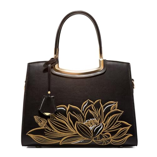 Luxury Embroidered Lotus Handbag, Black with Gold Accents, Leather Crossbody