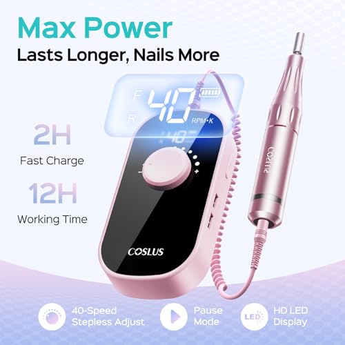 COSLUS Professional Rechargeable Electric Nail Drill 40000 RPM, Portable Nail File with Storage Stand for Acrylic Gel Polishing Removing - Easy to Use for Women, Manicure at Home DIY or Salon, Pink - Image 4