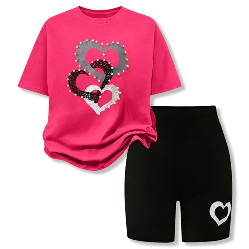 Image of 9-16Y Tween Girl Clothes 2 Piece Short Sleeve Heart Print Top and Shorts Teen Girl Summer Outfits Short Set
