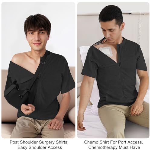 Men's Shoulder Surgery Shirt with One-Hand Zip for Chemo Port Access & Rotator Cuff Recovery & Puppy Flap Short Sleeve4
