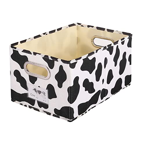 Image of ANMINY Fabric Storage Bin Cow Print Cotton Linen Foldable Open Storage Basket Box with Handles PP Plastic Board Label Window Pocket Decorative Washable Desktop Closet Shelf Organizer Container - Small