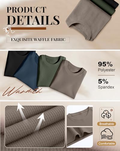 3 Pack Women's 3/4 Sleeve Waffle Knit Tops Oversized Crewneck T-Shirts Loose Casual Blouses Side Split Tees4