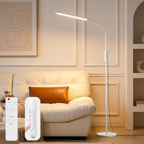 Bright LED Eye-Protecting Reading Floor Lamps with Touch and Remote Dimming 3000-6000k for Eyelash Manicure Craft Drawing Makeup Living Room Bedroom Office, Adjustable Gooseneck Modern Standing Light