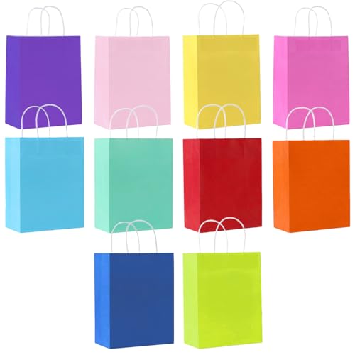 SHUBEIEUMI Paquete de 10 Bolsas de Regalo, Bolsas de Papel Kraft con Asas, 21 x 15 x 8 cm, Reutilizables Bolsas de Regalo para Embalaje Fiestas de Cumpleaños Bodas-Colorido