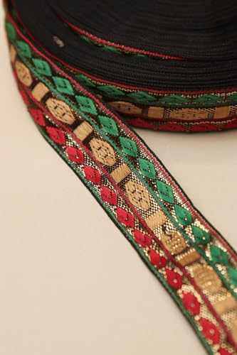 Image of Banarasi Silk Border Lace for Saree, Dupatta, Lehenga, Suit, Blouse & Home Furnishing, Crafting DIY (Green Red Gold, 9 Meters x 2 Inch)