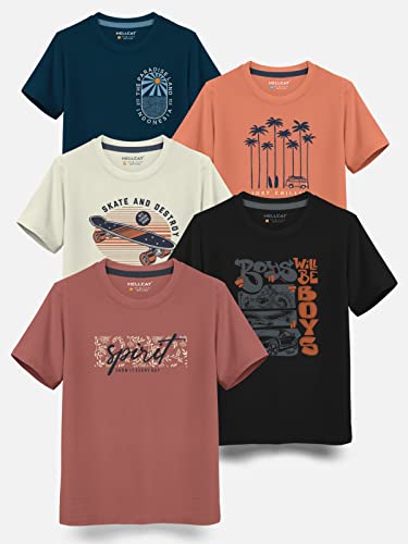 Image of HELLCAT Boys Round Neck Printed Blended Cotton Tshirt -Combo Pack of 2 - Orange /Blue