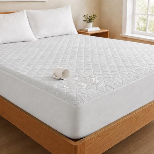 Image of Lukzer 100% Waterproof Quilted Mattress Protector Mercury King Size 78 x 72 Inches (6.5 x 6 ft) Cotton-Feel Bed Protector Noiseless Hypoallergenic Breathable Elastic Fitted Mattress Cover /Bed Cover