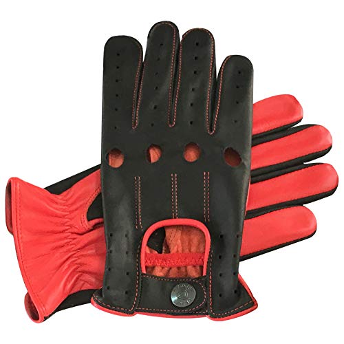 Prime Retro Real Leather Men's Classic Driving Gloves Unlined Chauffeur 515 (Black-Red, L) #TOP4