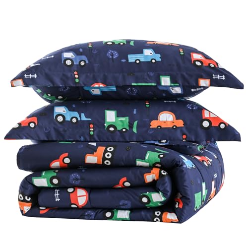 Car Kids Comforter Set for Boys Full Size, Cute Reversible Quilted Navy Blue Printed Construction Toddler Bedding Set with Pillow Sham, Lightweight Soft Breathable Machine Washable Bed Set 3 Piece