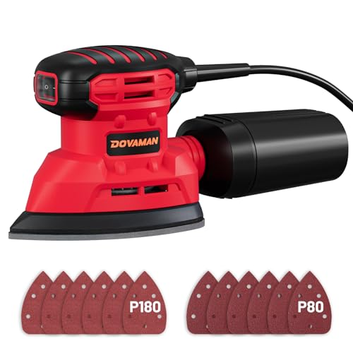 DOVAMAN DLS03A Detail Sander, 1.1 Amp Hand Sander with Dust Collector, 12000 RPM Compact Palm Sander with 12 Pcs Sanderpapers, Low Vibration, Lightweight Hand Sander for Wood and Steel - Red