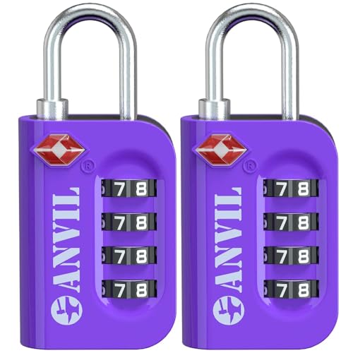 ANVIL TSA Approved Luggage Lock - 4 Digit Combination, 10,000 Combinations, Easy-Read Password Window, Travel Lock for Suitcases, Backpacks, Gym & Student Lockers, Baggage (Purple 2 Pack)