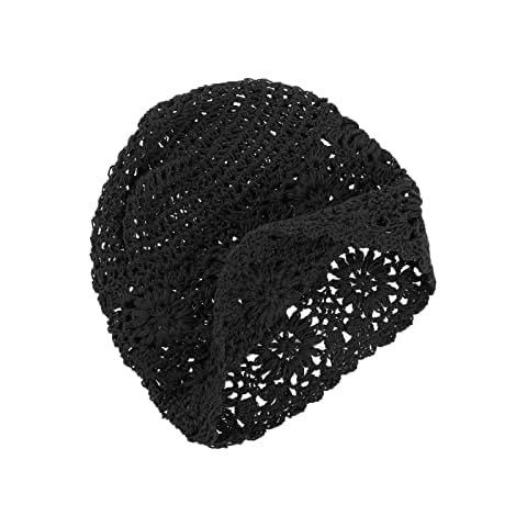 Beanie Hat Handmade Women Cotton Knit Cutout Vintage Floral Crochet Slouchy Skull Cap for 52-58 cm Head Circumference Spring Summer Autumn Black Cover