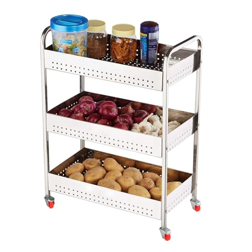Image of Stainless Steel Kitchen Trolley Fruits & Vegetable Basket Spice Container Organizer Rack for Kitchen Multipurpose Kitchen Rotating Trolley for Onion Potato Storage Basket (LWH: 44 x 23 x 61CM)
