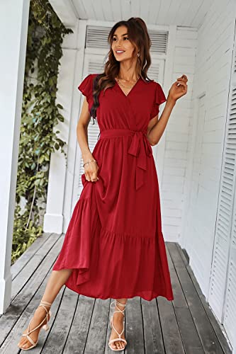 PRETTYGARDEN Women's Summer Floral Boho Maxi Dress Wrap Short Sleeve V Neck Ruffle A-Line Flowy Wedding Guest Long Dresses