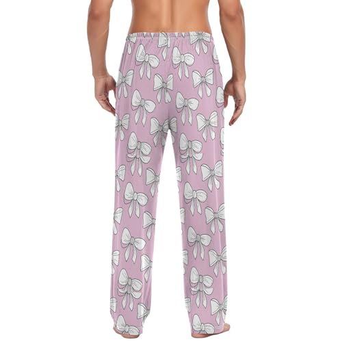 Men’s White Bows Pajama Pants with Pockets, Comfortable Lounge Sleep Bottoms#2032
