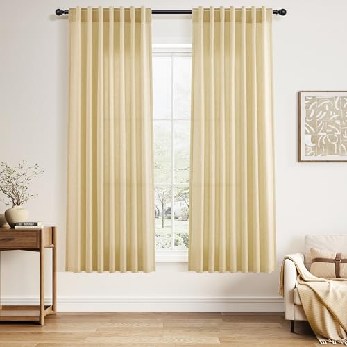 Image of Linen Curtains 63 Inch Long for Living Room Back Tab Cream Yellow