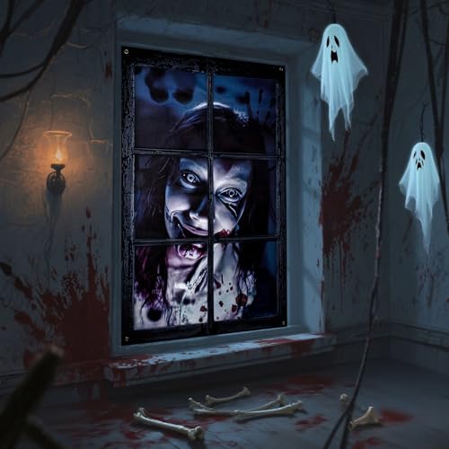 Halloween Fensterbilder Deko Outdoor Innen - Halloween Deko Fenster für Garten und Draußen, Gruselig Fensterdeko Türdeko Party Horror Accessoires für Indoor Aussen, 120 x 80cm