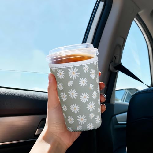 Image of Reusable Insulated Sleeve for Iced Coffee Cup, 3-Pack Coffee Neoprene Drink Sleeve for Cold & Hot Drinks, Beverage Holder for Iced Coffee (Sage Daisies)