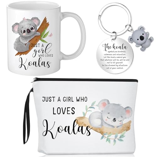 Crtiin 3 Pcs Koala Gifts for Women Koalas 11 oz Coffee Mug Canvas Cosmetic Bag Makeup Zipper Pouch Keychain Back to School Gifts for Teacher Student Coworker Birthday Christmas