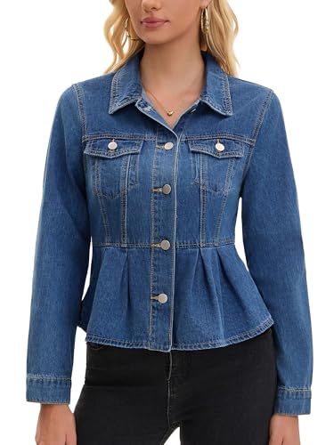CIMUK Chaqueta Vaquera para Mujer con Cuello Abotonado Dobladillo con Volantes y Bolsillos Chaqueta Vaquera Peplum Azul L