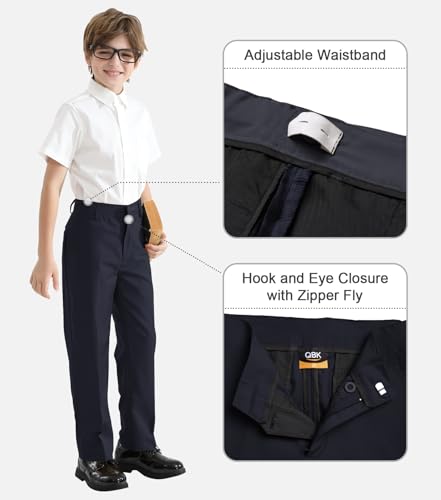 Image of QBK Boys Flat Front Dress Pants Uniform Pants Adjustable Waistband for Toddler to Youth with Pockets