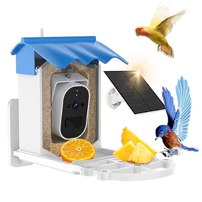 Bird Feeder with Camera with AI Identify Birds Species Solar Panel, Smart Outdoor Bird Feeder with Cam, 2K Live View, Instant Arrival Alerts Real-Time Sharing (White/Blue)