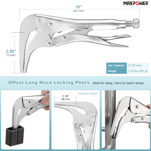 Image of MAXPOWER 10-inch 90 degree Offset Long Nose Locking Pliers, 3 inch Jaw Opens | Serrated Long Jaws Locking Pliers for Tight Spaces