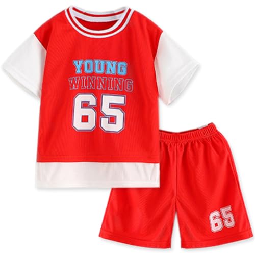 Image of SANGTREE Boys Quick Dry Athletic Short Sleeve T-shirt and Shorts Set, 65# Red+White, 6-7 Years = Tag 130