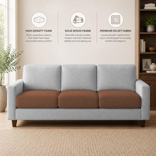 Image of Casaliving Gladino Modern Velvet Fabric Sofa, Tufted Design Upholstered 3 Seater Sofa Set for Living Room, Premium Velvet Fabric Sofa (Brown Grey)