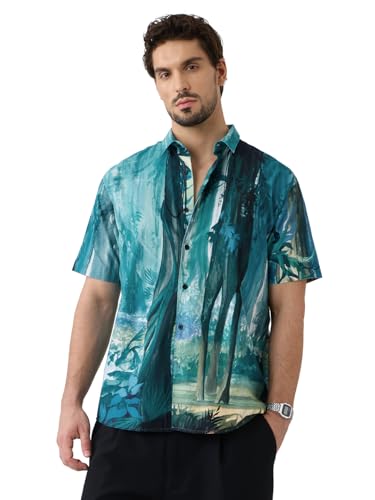 Image of The Souled Store Jungle Book: Into The Wild Men and Boys Short Sleeves Collared Neck Button Front Blue Printed Cotton Blend Regular Fit Holiday Shirts