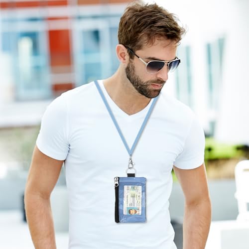 Image of Minimalist RFID Wallet with Lanyard, Multi-functional ID Case with 2 Zipper Pockets and Key Chain for Men and Women, Tactical Badge Pouch Cards Holder, Coin Purse for Travel Sports - Two-Tone
