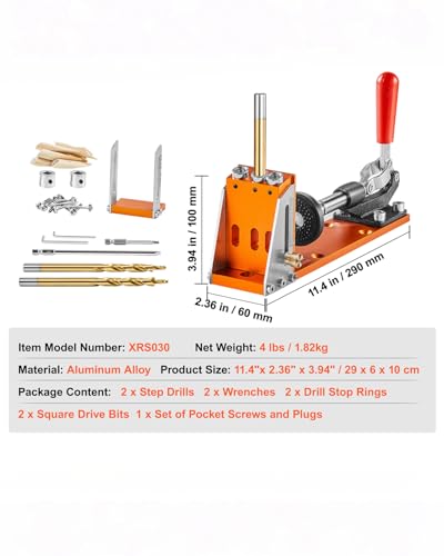 VEVOR Pocket Hole Jig Kit, Adjustable and Easy to Use Pocket Hole Jig System with Step Drills, Wrenches, Drill Stop Rings, Screws and Square Drive Bits, Dual Scale Marks, for DIY Carpentry Projects