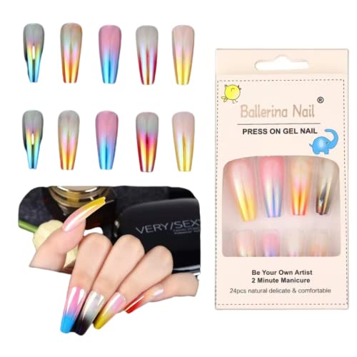 ZHOUYIYI 24PCS Long French Press on Nails Coffin Luxury Fake Nails Acrylic Ballerina Full Cover False Nails Set Women and Girls Square Glue on Nails,Ballerina False Nailsï¼ˆColor 1ï¼‰