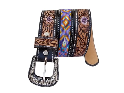 Western Beaded Belts For Young Adults Tooled Leather Heavy Duty Kids Beaded Belt 40IS1083