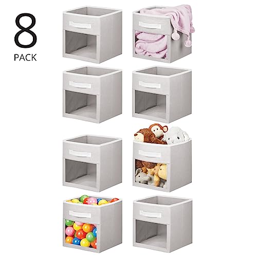 Mdesign Fabric Nursery/Playroom Closet Storage Organizer Bin Box With Front Handle/Window For Cube Furniture Shelving Unit, Hold Toys, Clothes, Diapers, Bibs, Jane Collection, 8 Pack, Light Gray/White #TOP1