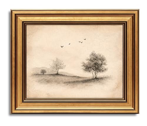 vineolect Minimalist Landscape Wall Art Vintage Gold Framed Sketch Tree Flying Bird Retro Canvas Print Nature Scenery for Living Room Bedroom Office Home Decor 9''x11''