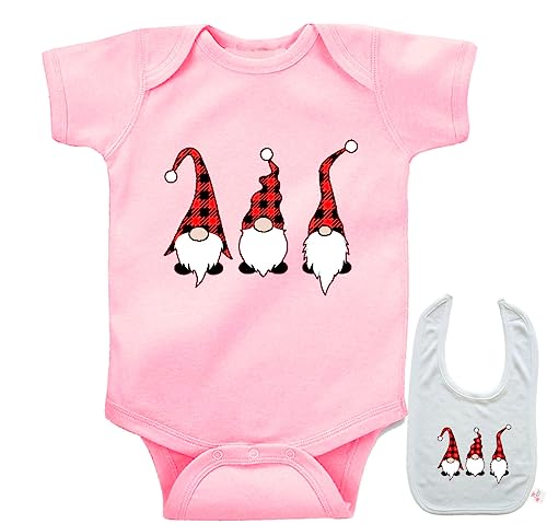 Plaid First Christmas Gnomes - Newborn Baby Bodysuit Outfit Onesie Shirt & Bib