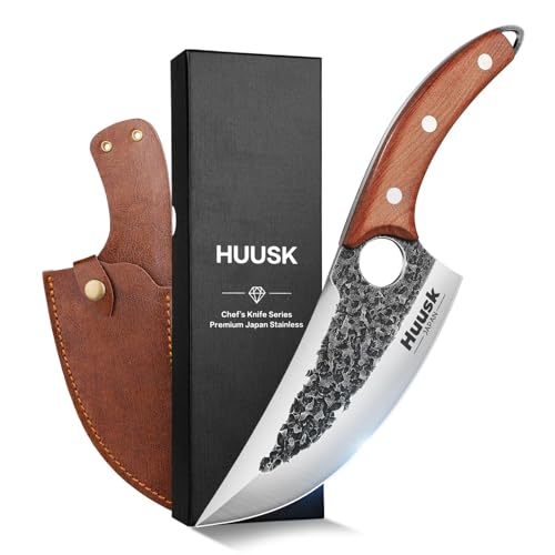 Huusk Knife Japan Kitchen Upgraded Viking Knives with Sheath, Hand Forged Butcher Knife for Meat Cutting, Japanese Cooking Chef Knives, Sharp Meat Cleaver for Outdoor Camping, BBQ, Gift for Men