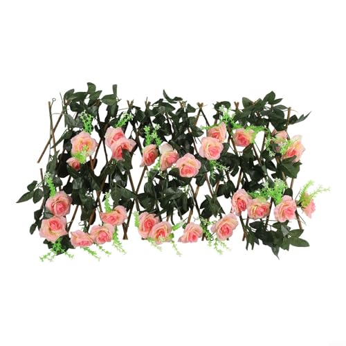 Rejilla de jardín extendida de madera ajustable con vegetación artificial, para pantallas de privacidad en balcones, terrazas y patios, instalación versátil para decoración al aire libre (blanquecino)