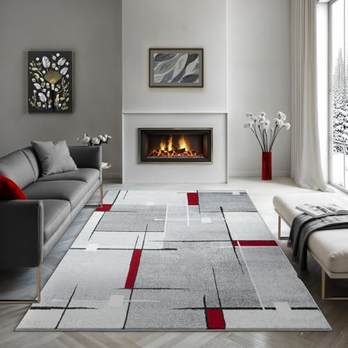 the carpet Pearl - Tappeto moderno a pelo corto, per soggiorno e camera da letto, motivo geometrico, a quadri, 140 x 200 cm, colore grigio e rosso