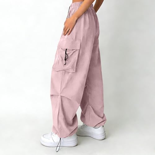 Girls Parachute Cargo Pants High Waisted Baggy Casual Y2K Trouser Kids Wide Leg Hip Hop Streetwear with Multi Pocket Pink — view 3