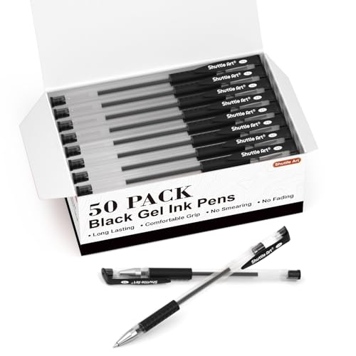Image of Shuttle Art Black Gel Pens, 50 Pack Fine Point Black Ink Pens Bulk, 0.5mm Rollerball Gel Ink Pens Smooth Writing with Comfortable Grip for Office, School and Home