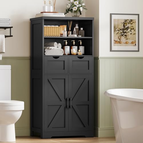Image of TEENFON Storage Cabinet with Doors & 2 Drawers, Kitchen Cabinet with Adjustable Shelf, Pantry Cabinets, Bathroom Cabinets, for Living Room, Entryway, Home Office, Black
