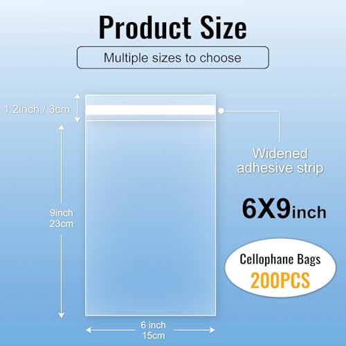 MORIDA Clear Cellophane Bags 200 Pcs 6x9 inch Self Sealing Self Adhesive Candy Treat Bags Resealable Plastic Favors Gift Photos A5 Cards Envelopes Packaging Poly Bag - Thumbnail 2