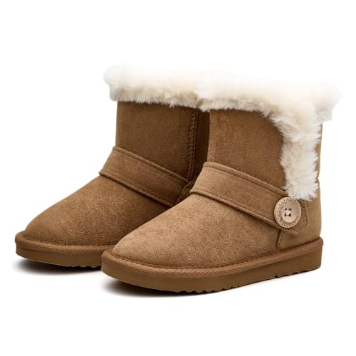 BlueKnot Girls Winter Cold Weather Wood Button Warm Shearling Lightweight Comfort Boots